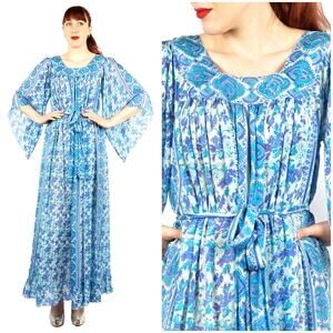 Vintage 70s Bell Angel Sleeve Indian Silk Maxi Caftan Dress Raksha Saks 5th | M